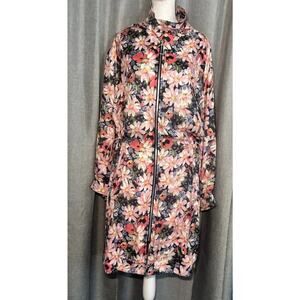 Zara Basic Jacket Windbreaker Floral Pink Hooded Zip Pockets Size Medium